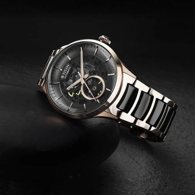 Titan Ceramic Fusion Automatic Black Dial Rose Gold Dual-Toned Stainless Steel Bracelet Watch for Men 42.2mm NT90174KD03
