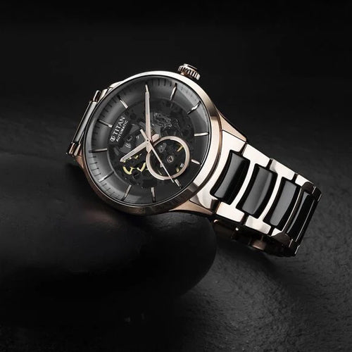 Titan Ceramic Fusion Automatic Black Dial Rose Gold Dual-Toned Stainless Steel Bracelet Watch for Men 42.2mm NT90174KD03