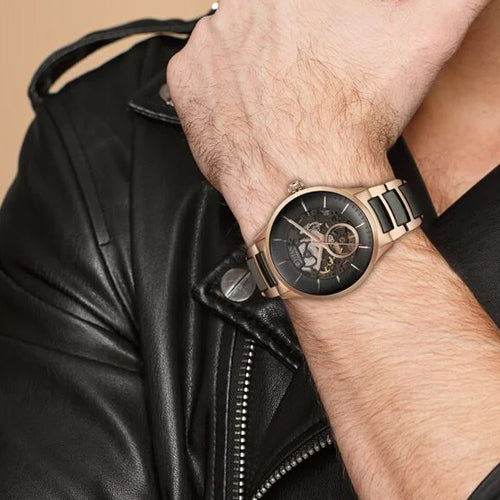 Titan Ceramic Fusion Automatic Black Dial Rose Gold Dual-Toned Stainless Steel Bracelet Watch for Men 42.2mm NT90174KD03