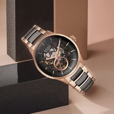 Titan Ceramic Fusion Automatic Black Dial Rose Gold Dual-Toned Stainless Steel Bracelet Watch for Men 42.2mm NT90174KD03