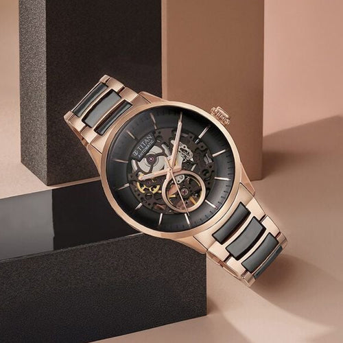 Titan Ceramic Fusion Automatic Black Dial Rose Gold Dual-Toned Stainless Steel Bracelet Watch for Men 42.2mm NT90174KD03