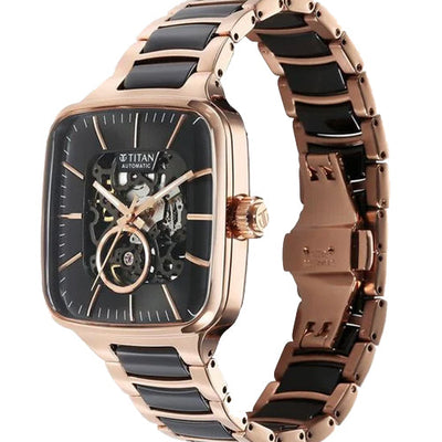 Titan Ceramic Fusion Automatic Square Black Dial Silver Dual-Toned Stainless Steel Bracelet Watch for Men 39mm NT90175KD03