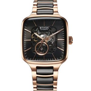 Titan Ceramic Fusion Automatic Square Black Dial Silver Dual-Toned Stainless Steel Bracelet Watch for Men 39mm NT90175KD03