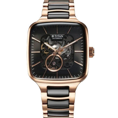 Titan Ceramic Fusion Automatic Square Black Dial Silver Dual-Toned Stainless Steel Bracelet Watch for Men 39mm NT90175KD03