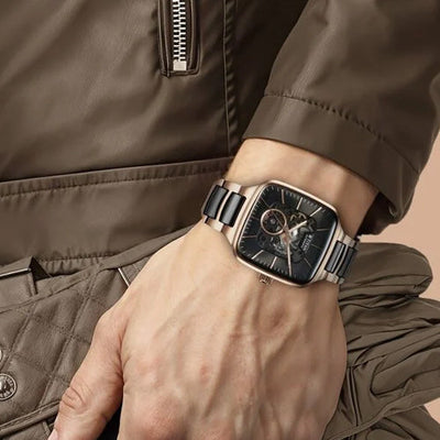 Titan Ceramic Fusion Automatic Square Black Dial Silver Dual-Toned Stainless Steel Bracelet Watch for Men 39mm NT90175KD03