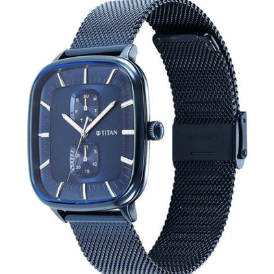 Titan Avant Garde Blue Dial Quartz Multifunction Stainless Steel Strap Watch for Men 42mm NT90178QM01