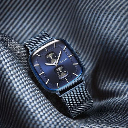 Titan Avant Garde Blue Dial Quartz Multifunction Stainless Steel Strap Watch for Men 42mm NT90178QM01