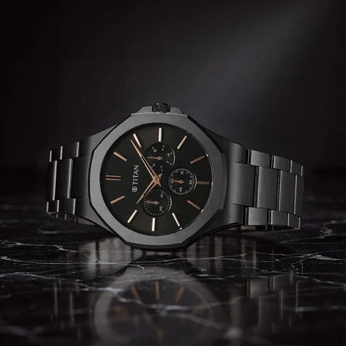 Titan Classic Slim Multifunction Quartz Multifunction Black Dial Stainless Steel Strap Watch For Men 43.5mm NT90198NM01