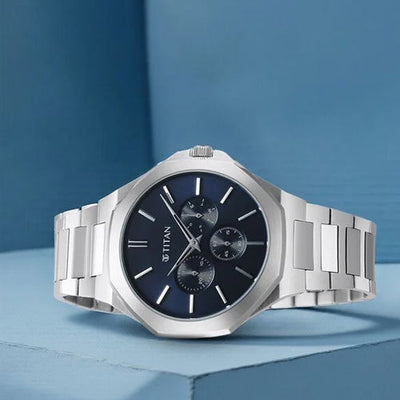 Titan Classic Slim Multifunction Quartz Multifunction Blue Dial Stainless Steel Strap Watch For Men 43.5mm NT90198SM01