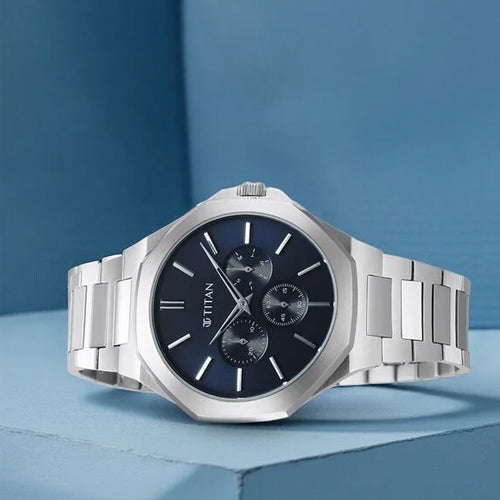 Titan Classic Slim Multifunction Quartz Multifunction Blue Dial Stainless Steel Strap Watch For Men 43.5mm NT90198SM01