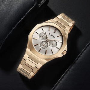 Titan Classic Slim Multifunction Multifunction Silver Dial Carnation Gold Stainless Steel Strap Watch For Men 43.5mm NT90198WM01