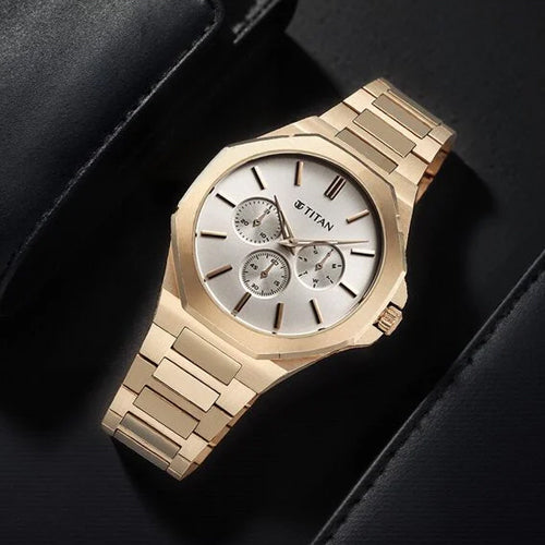 Titan Classic Slim Multifunction Multifunction Silver Dial Carnation Gold Stainless Steel Strap Watch For Men 43.5mm NT90198WM01