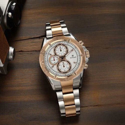 Titan Regallia Rose Gold Chronograph Stainless Steel Strap Watch for Men 42.2mm NT9308KM01