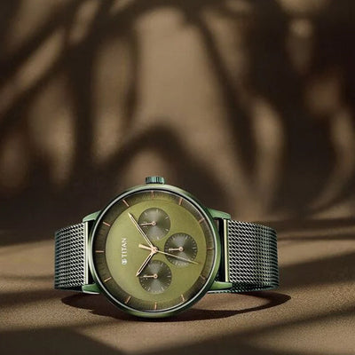 Titan Modern Classics Green Dial Quartz Multifunction Stainless Steel Strap Watch for Men 42mm NT94006QM03
