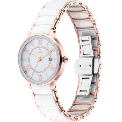 Titan Quartz Analog with Date Mother of Pearl Dial Stainless Steel & Ceramic Strap Watch for Women 31mm NT95016WD02