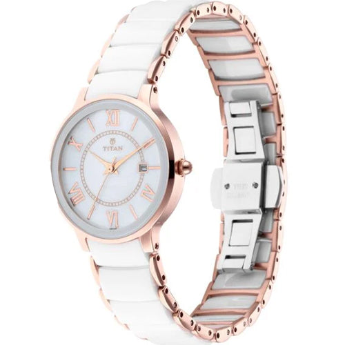 Titan Quartz Analog with Date Mother of Pearl Dial Stainless Steel & Ceramic Strap Watch for Women 31mm NT95016WD02