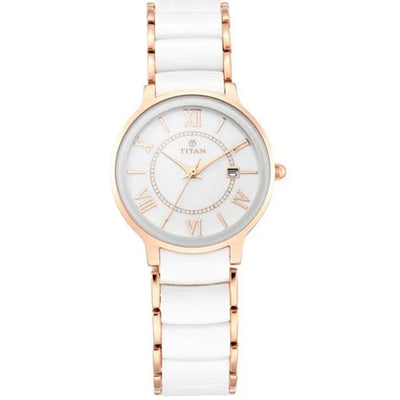 Titan Quartz Analog with Date Mother of Pearl Dial Stainless Steel & Ceramic Strap Watch for Women 31mm NT95016WD02