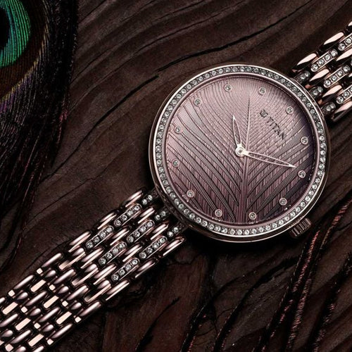 Titan Animalia Brown Dial Analog Stainless Steel Strap watch for Women 42.6mm NT95129QM01