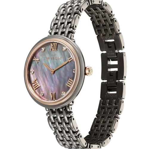 Titan Aura Quartz Analog Titanium Mother of Pearl Dial Titanium Stainless Steel Strap Watch for Women 34mm NT95243KM01