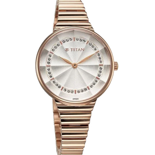 Titan Aura Quartz Analog Silver Dial Rose Gold Stainless Steel Strap Watch For Women 34mm NT95245WM02