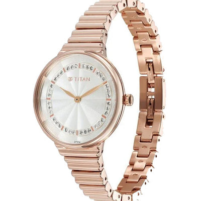 Titan Aura Quartz Analog Silver Dial Rose Gold Stainless Steel Strap Watch For Women 34mm NT95245WM02