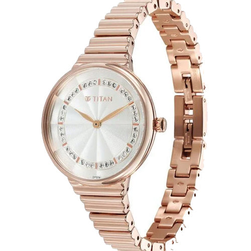 Titan Aura Quartz Analog Silver Dial Rose Gold Stainless Steel Strap Watch For Women 34mm NT95245WM02