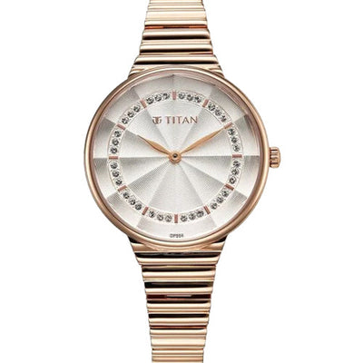 Titan Aura Quartz Analog Silver Dial Rose Gold Stainless Steel Strap Watch For Women 34mm NT95245WM02