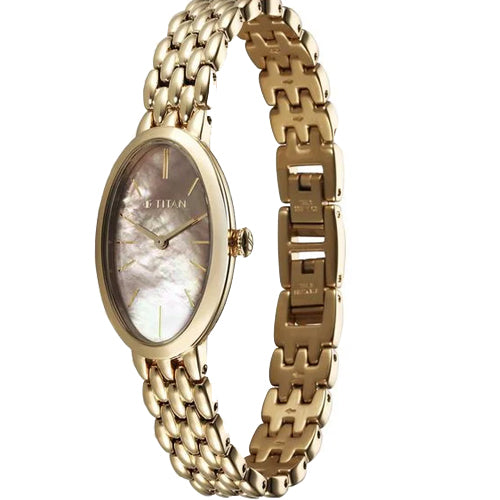 Titan Aura Quartz Analog Mother Of Pearl Dial Stainless Steel Strap Watch for Women 22mm NT95246YM01