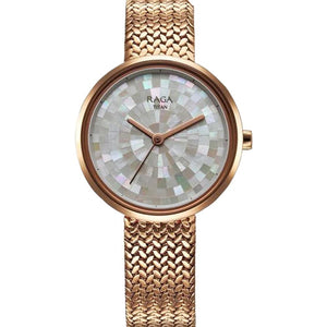 Titan Raga Memoirs Quartz Analog Mother Of Pearl Round Dial Rose Gold Metal Strap Watch For Women 32mm NT95253WM02F