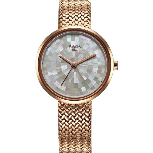 Titan Raga Memoirs Quartz Analog Mother Of Pearl Round Dial Rose Gold Metal Strap Watch For Women 32mm NT95253WM02F
