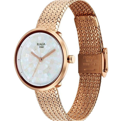 Titan Raga Memoirs Quartz Analog Mother Of Pearl Round Dial Rose Gold Metal Strap Watch For Women 32mm NT95253WM02F