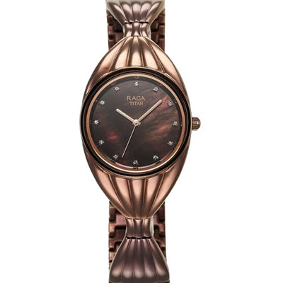 Titan Raga Memoirs Quartz Analog Mother Of Pearl Dial With Brown Metal Strap Watch For Women 27.5mm NT95254QM01F