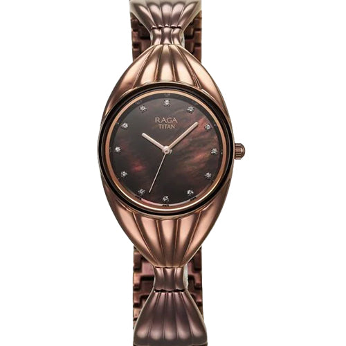 Titan Raga Memoirs Quartz Analog Mother Of Pearl Dial With Brown Metal Strap Watch For Women 27.5mm NT95254QM01F