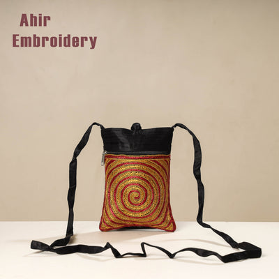 Black - Kutch Ahir Embroidery Mashru Silk Sling Bag