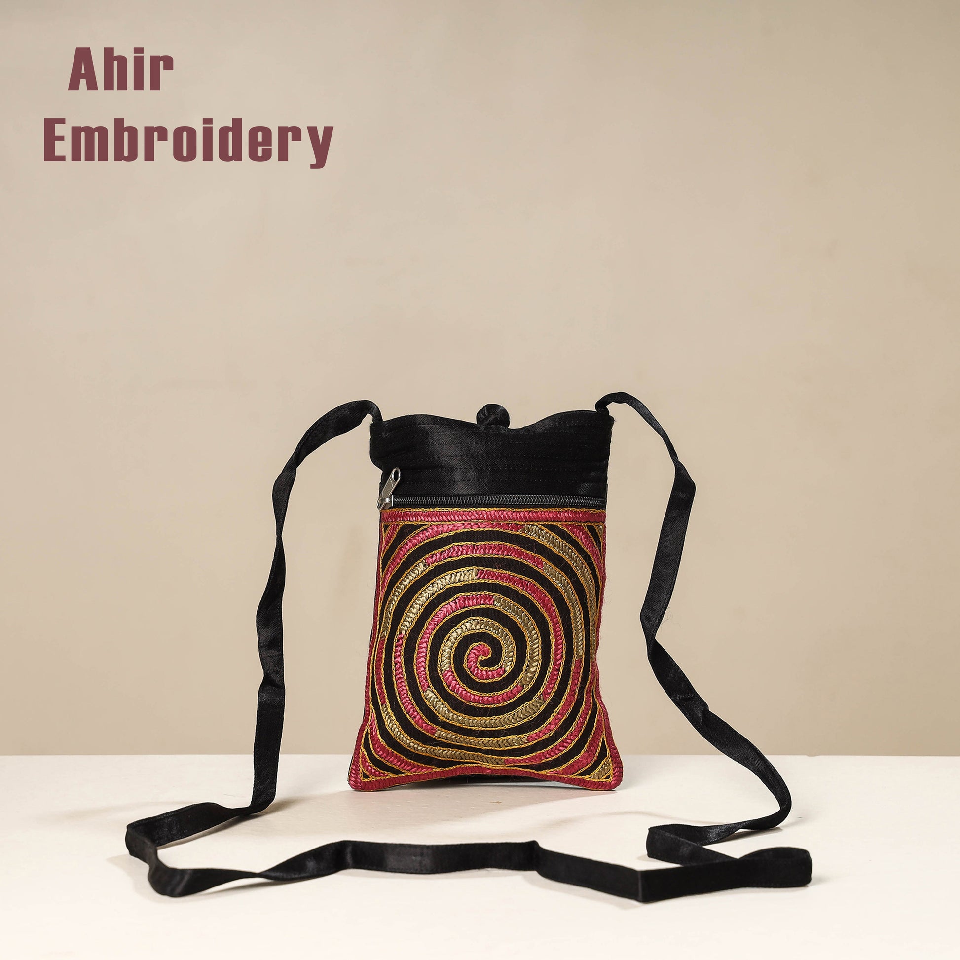 Black - Kutch Ahir Embroidery Mashru Silk Sling Bag