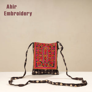 Brown - Kutch Ahir Embroidery Ajrakh Cotton Sling Bag