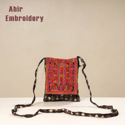 Brown - Kutch Ahir Embroidery Ajrakh Cotton Sling Bag