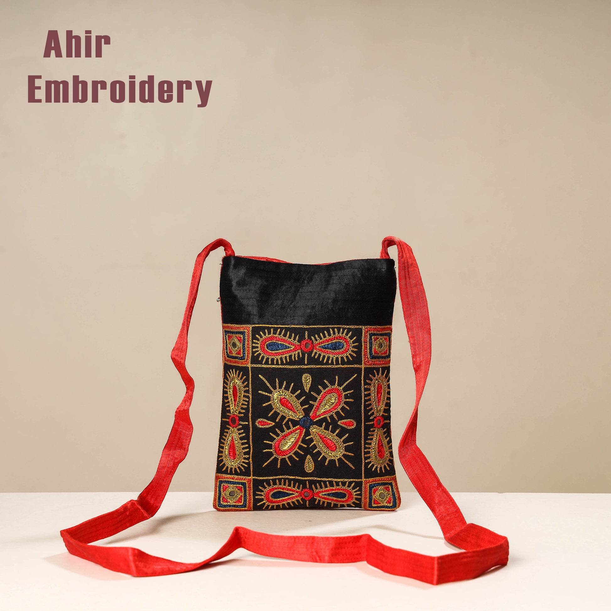 Black - Kutch Ahir Embroidery Mashru Silk Sling Bag