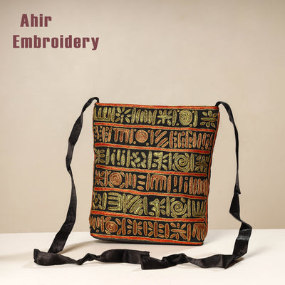 Black - Kutch Ahir Embroidery Mashru Cotton Sling Bag
