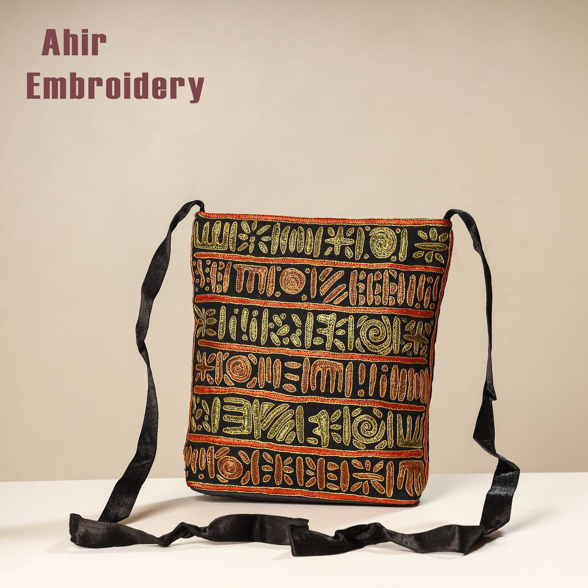 Black - Kutch Ahir Embroidery Mashru Cotton Sling Bag