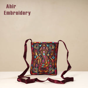 Brown - Kutch Ahir Embroidery Mashru Silk Sling Bag