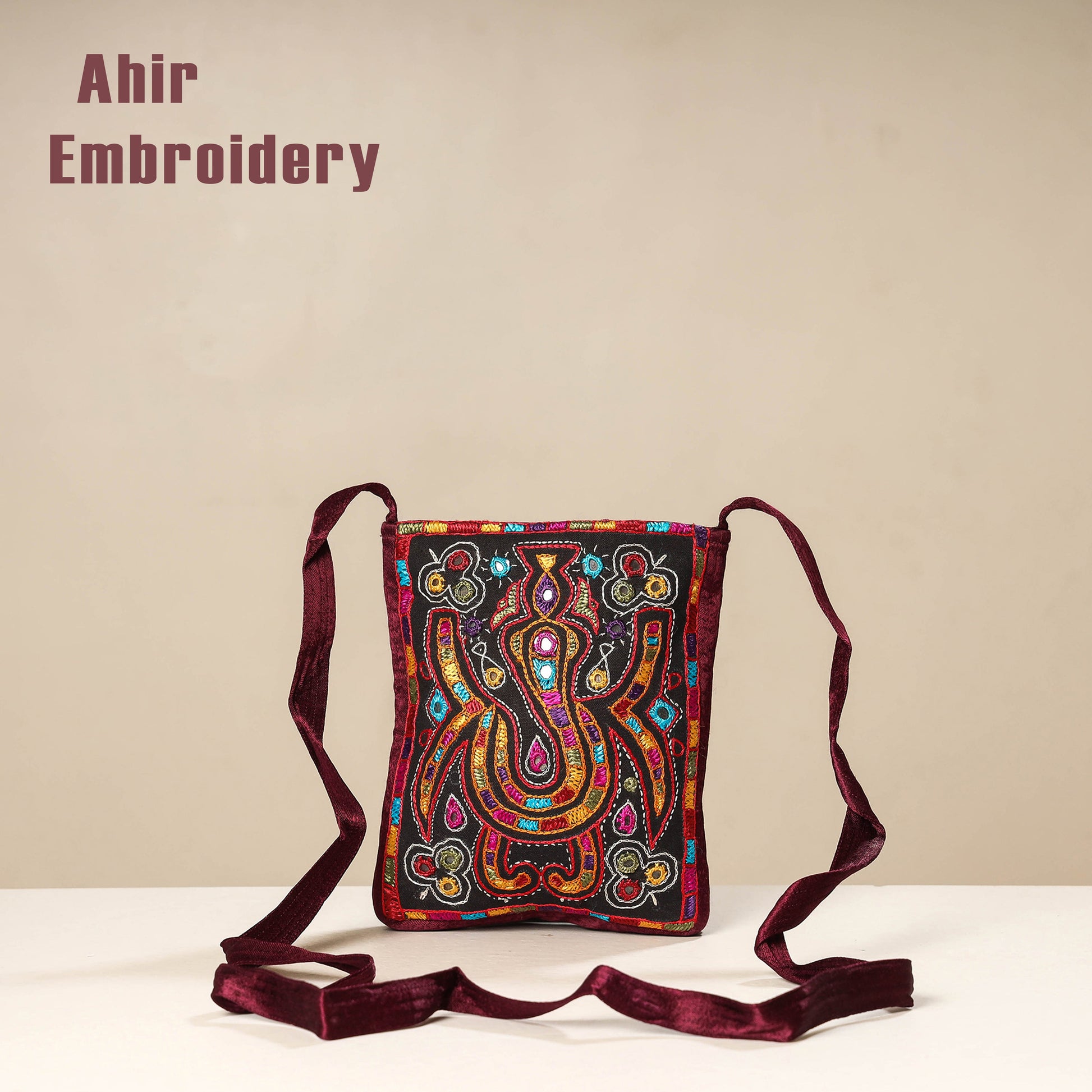 Brown - Kutch Ahir Embroidery Mashru Silk Sling Bag