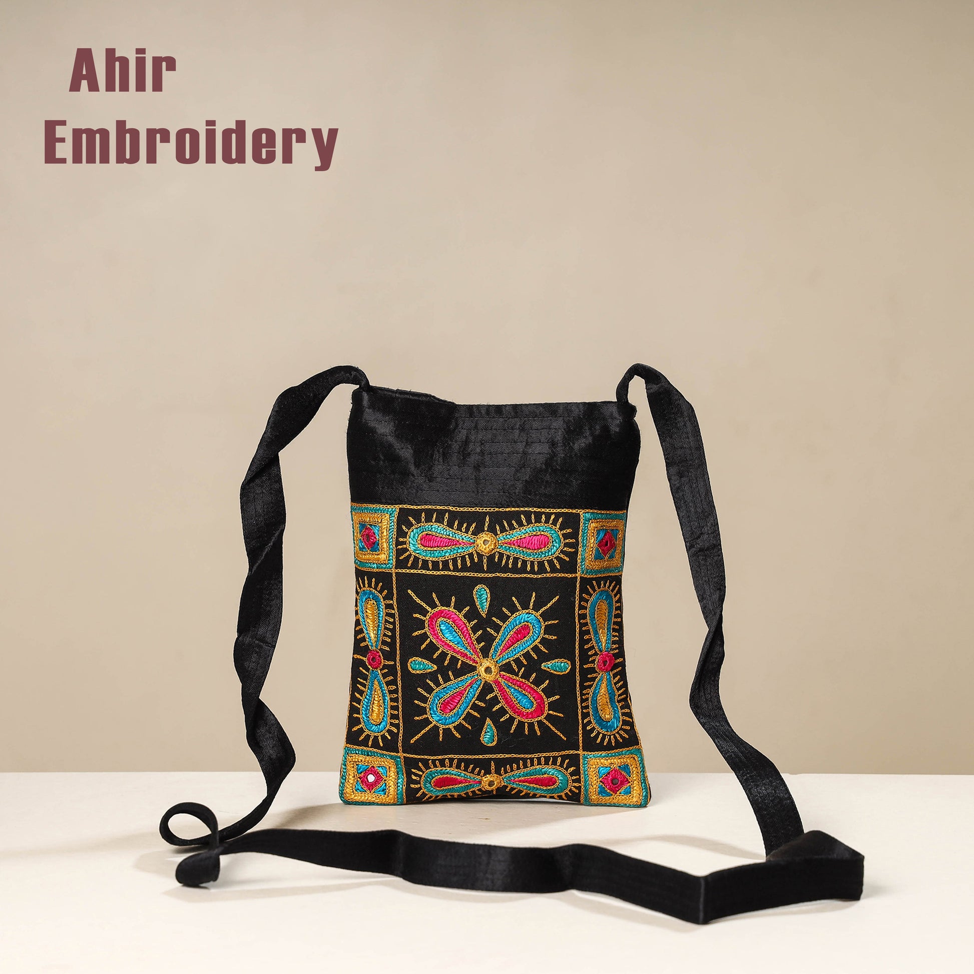 Black - Kutch Ahir Embroidery Mashru Silk Sling Bag