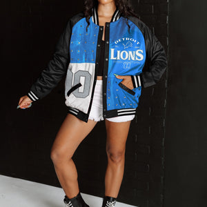 DETROIT LIONS HOT SHOT MIXED MEDIA THROWBACK VARSITY BOMBER JACKET WITH RHINESTONE INSERTS
