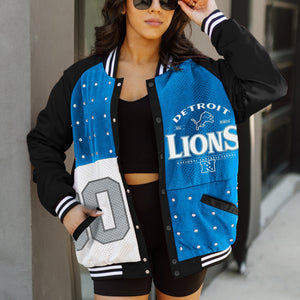 DETROIT LIONS HOT SHOT MIXED MEDIA THROWBACK VARSITY BOMBER JACKET WITH RHINESTONE INSERTS