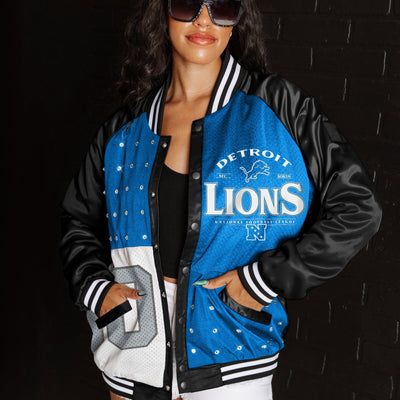 DETROIT LIONS HOT SHOT MIXED MEDIA THROWBACK VARSITY BOMBER JACKET WITH RHINESTONE INSERTS