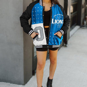 DETROIT LIONS HOT SHOT MIXED MEDIA THROWBACK VARSITY BOMBER JACKET WITH RHINESTONE INSERTS