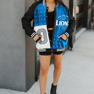 DETROIT LIONS HOT SHOT MIXED MEDIA THROWBACK VARSITY BOMBER JACKET WITH RHINESTONE INSERTS
