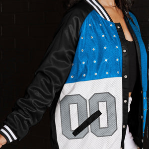 DETROIT LIONS HOT SHOT MIXED MEDIA THROWBACK VARSITY BOMBER JACKET WITH RHINESTONE INSERTS