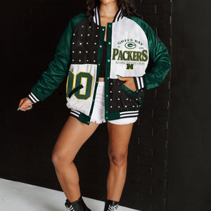 GREEN BAY PACKERS HOT SHOT MIXED MEDIA THROWBACK VARSITY BOMBER JACKET WITH RHINESTONE INSERTS